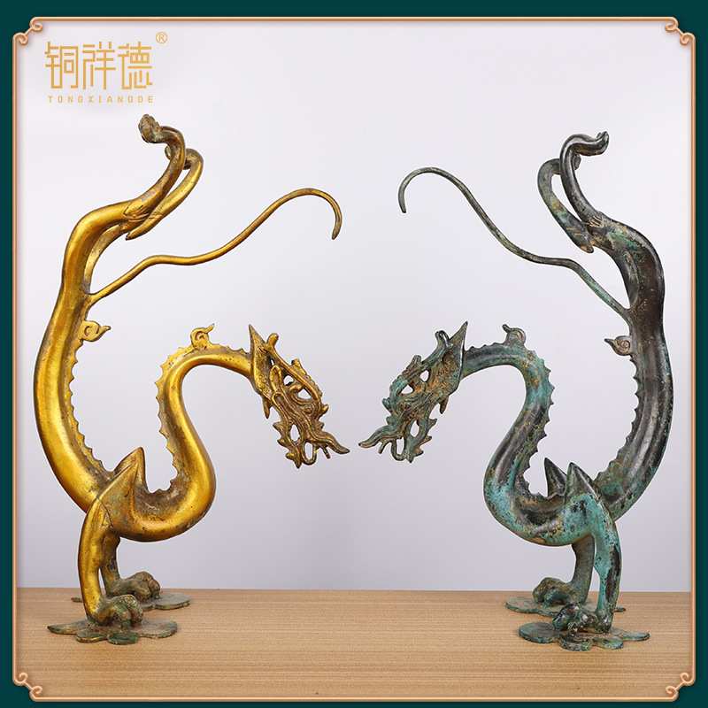 古青铜器唐代鎏金铜龙摆件纯铜立龙走龙古工艺品客厅装饰品