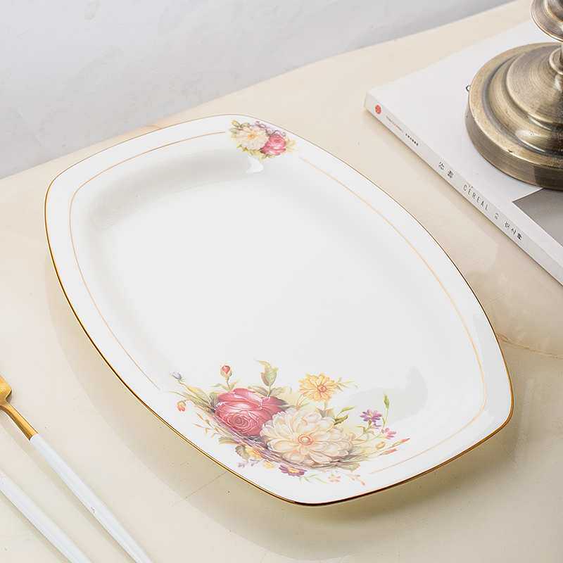 日式家用陶瓷蒸鱼盘子鱼盘大号长方形骨瓷盘子鱼碟菜盘餐具套装