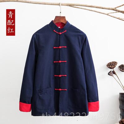 正品中国风纯男士唐装棉袖外套中式服装春秋老粗布汉男长服长衫居