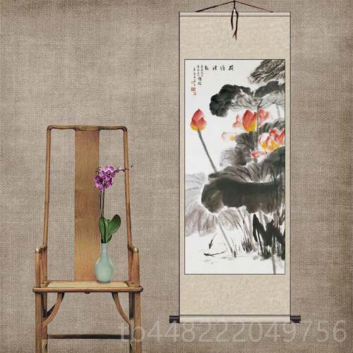 正品水墨荷花绢画香装国画卷轴花鸟挂画家古玩礼品张大千礼中品画