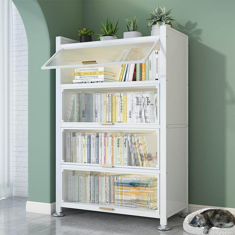 家用钢制置物架落地客厅铁艺上翻门防尘书柜储物架带门儿童书架