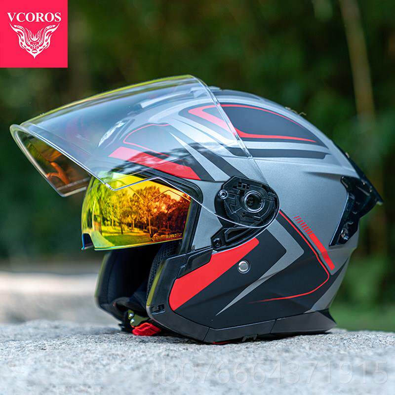 正品VCOO摩托车冬季头盔男双镜片半盔4S分之3盔巡航C安全认R证电