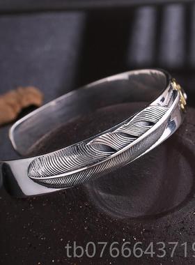 正品S92银复手工银5高桥郎风格羽毛分吾牌古手镯男士开口手镯子潮