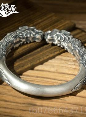 正品双传貔貅 手镯男士云南雪花银精开口实心原创设计手工雕银手