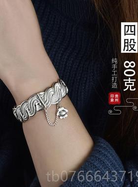 正品纯足银99手镯定制订做扁9古款开麻花风口青丝老式工艺饰品环