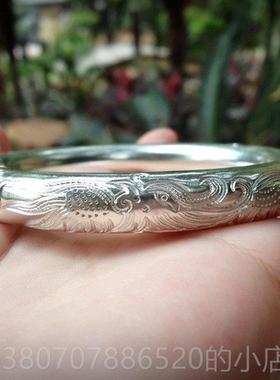 高档纯手工古法999足手纯银 龙凤呈祥银闭口覆镯古银传饰承实心镯