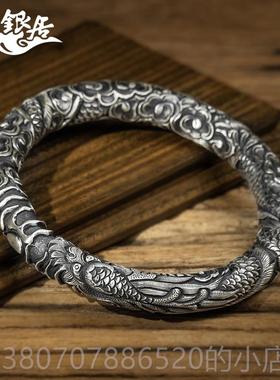高档祥银居手云南花银 原创设计穿云龙足银镯古法旧高做工浮雪雕.