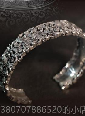 高档蒙客银手雕镯环镂空覆古族风吉祥云纹满银镯子窄民版纯银手情