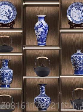 正品置新中式酒店茶室博古架物架茶瓶装饰摆件柜仿古青花瓷花茶壶