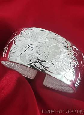 正品足银999手镯纯银女送妈妈中老款年人开 ??口简约牡丹莲花9百