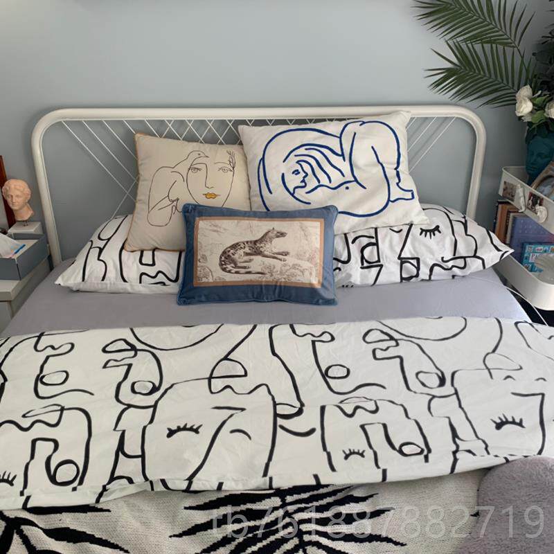新款北欧简约主义棉四件套抽象纯艺术线条人白色床品男士双被床笠