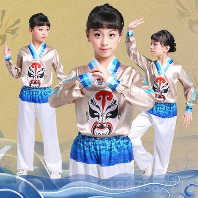 新款六一儿童幼童儿园京剧演说脸谱戏服男唱童演出服衣服女印花表