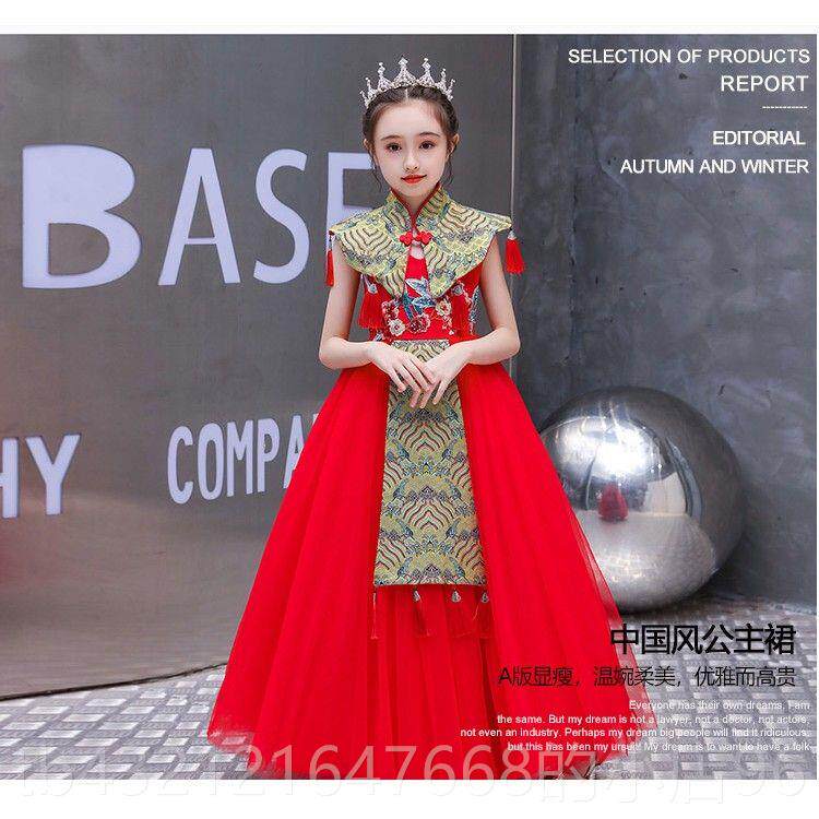 高档儿童晚礼服高端红色钢古筝演奏服装大国童潮琴中国走秀演出女