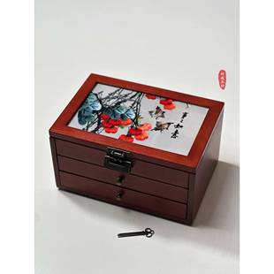 高档新式苏绣刺礼绣木质实木带锁首饰盒珠宝中收纳盒送闺蜜新娘结