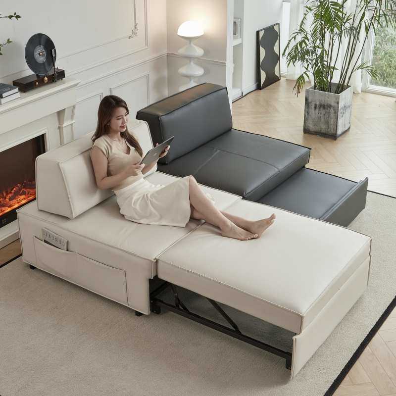 北欧轻奢风单人皮艺沙发床折叠客厅多人小户型两用设计师布艺沙发