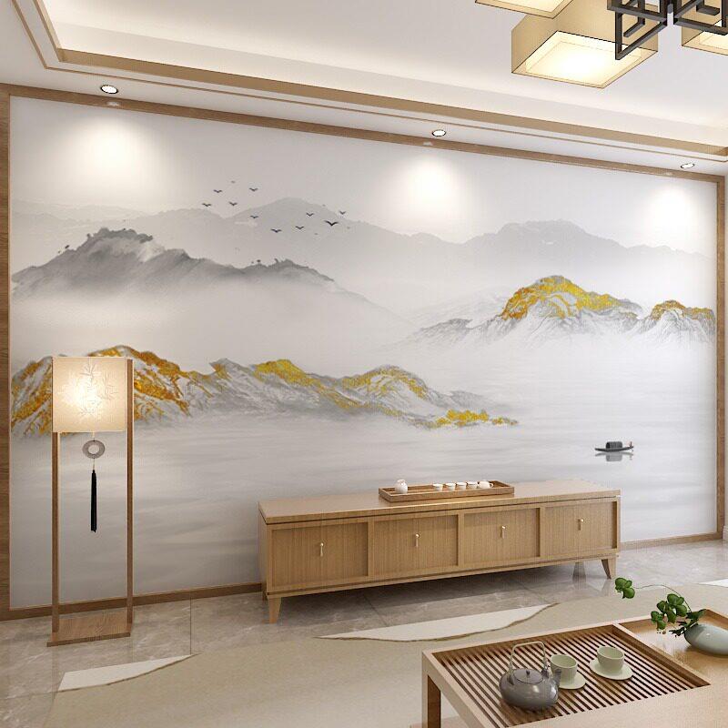 2024年中式淡雅意境山水墙纸电视背景墙布客厅沙发影视墙壁纸壁画