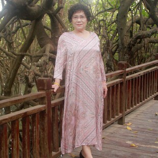 宽松遮肚子改良中式 胖妈妈款 长裙 防晒加肥大码 夏真丝薄连衣裙长袖