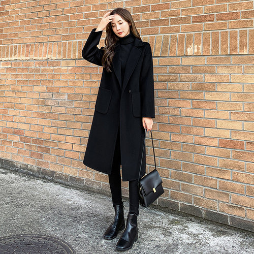 双面羊绒呢子大衣女2023年韩版秋冬新款赫本风黑色中长版毛呢外套