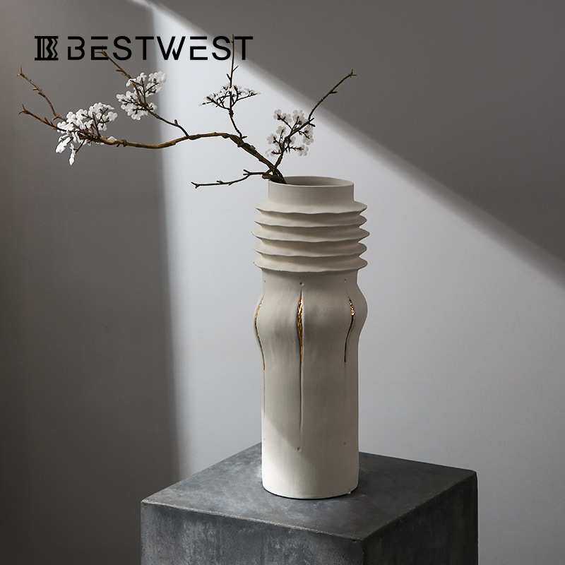 博西家居 后现代彩绘螺纹直筒陶瓷花瓶摆件ins样板间展会陈列花器