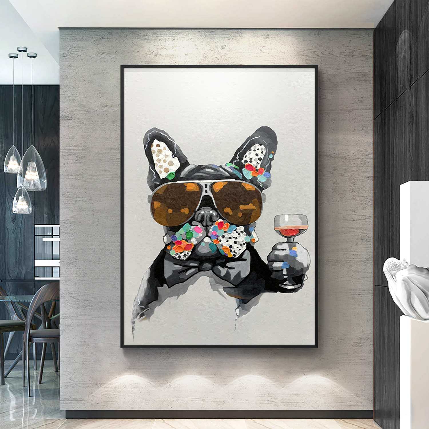 纯手绘油画动物狗狗挂画儿童房卧室餐厅玄关壁画手工装饰画