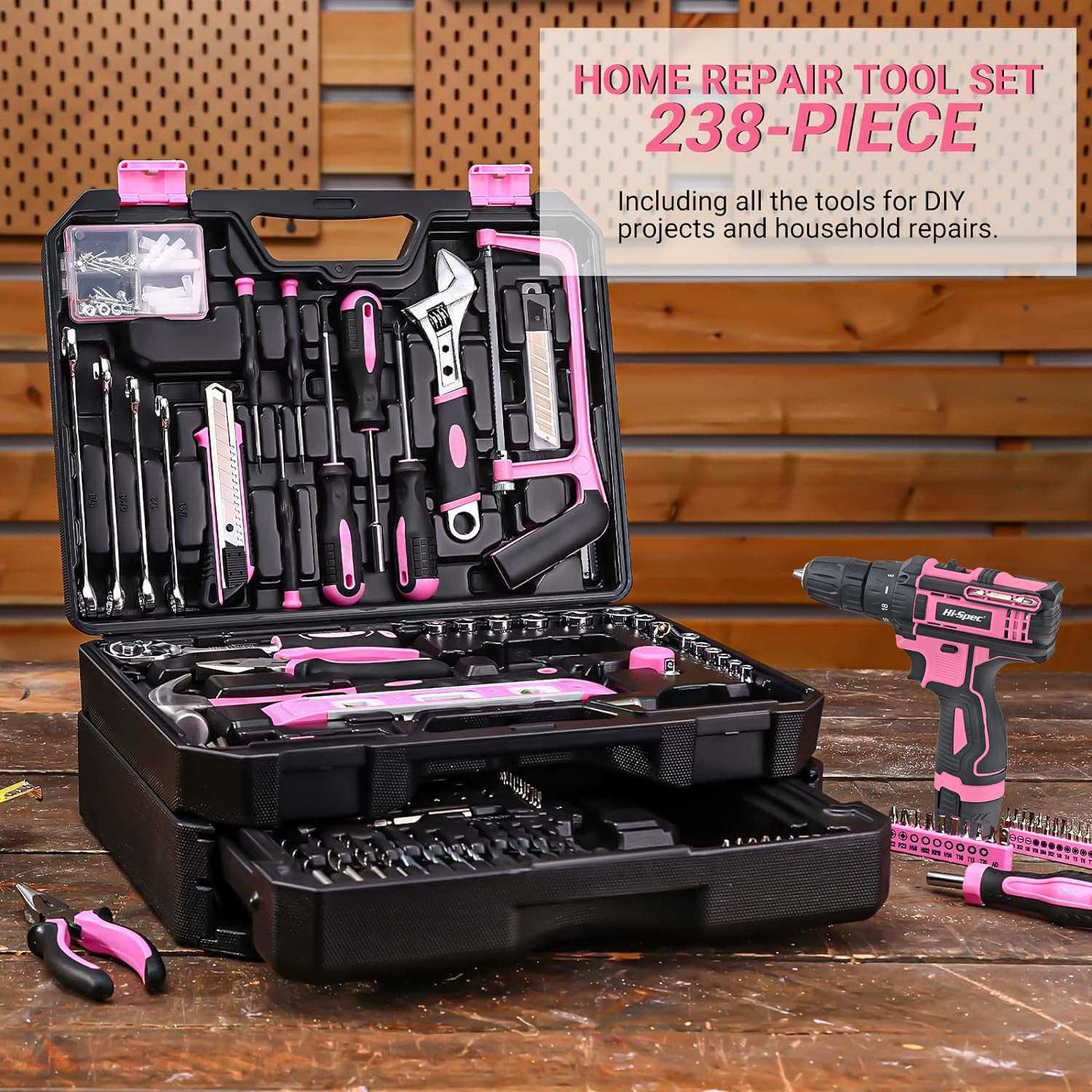 Hi-Spec 238件家用工具箱12V锂电钻维修工具组套女士抽屉工具箱