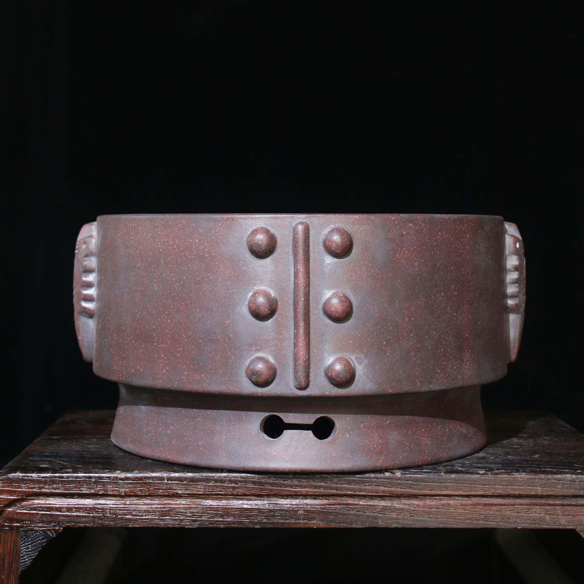 紫砂花盆无孔水盆水生植物盆仿古青铜器手工盆景盆兽面鼓丁杜喜亮