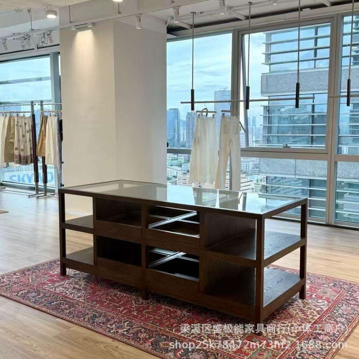 SJN网红实木中岛柜服装店流水台置物架饰品陈列摆台胡桃色展示架