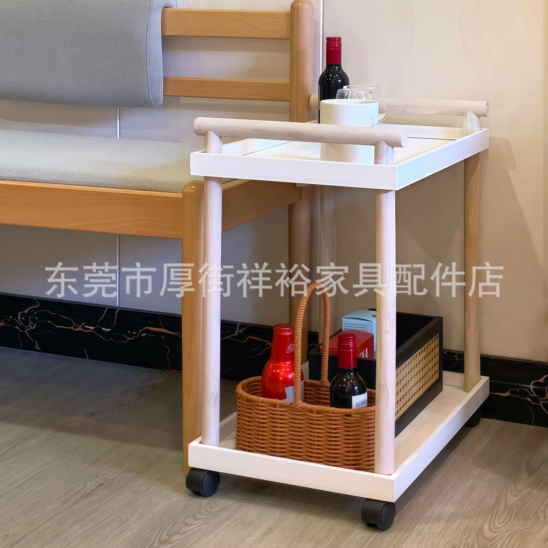 木制小推车多层置物架客厅沙发边几可移动茶几奶油轻奢带轮收纳架