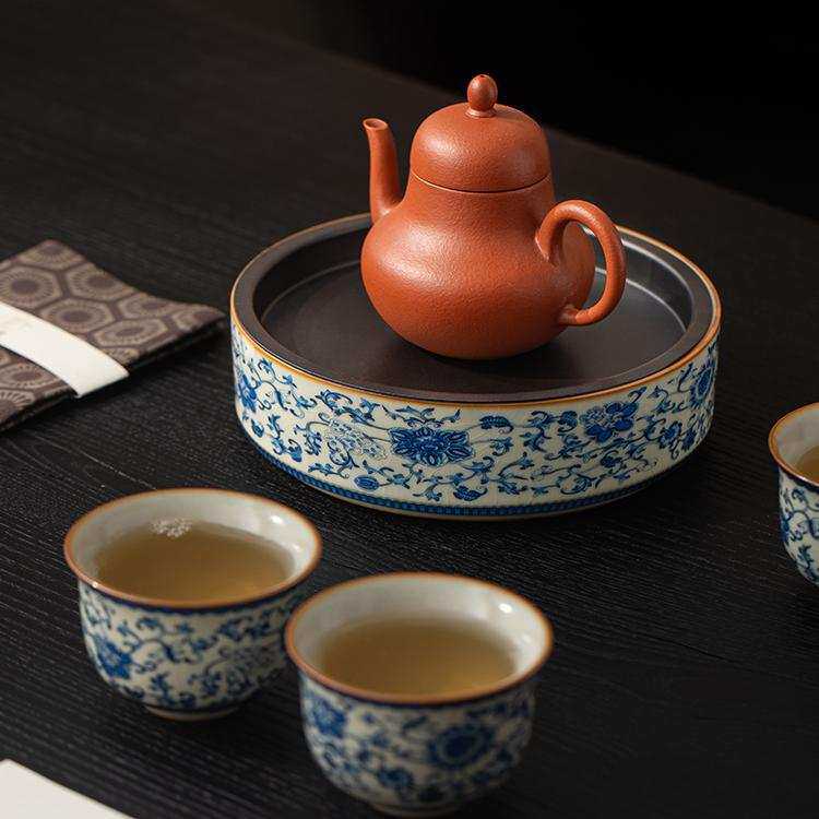 汝窑青花缠枝莲陶瓷壶承中式紫砂壶垫家用储水干泡台托盘茶道零配