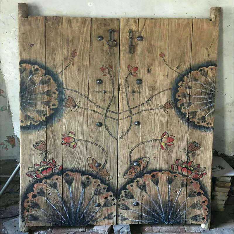 老榆木实木手工彩绘板画装饰画挂件 老榆木门板画可定制