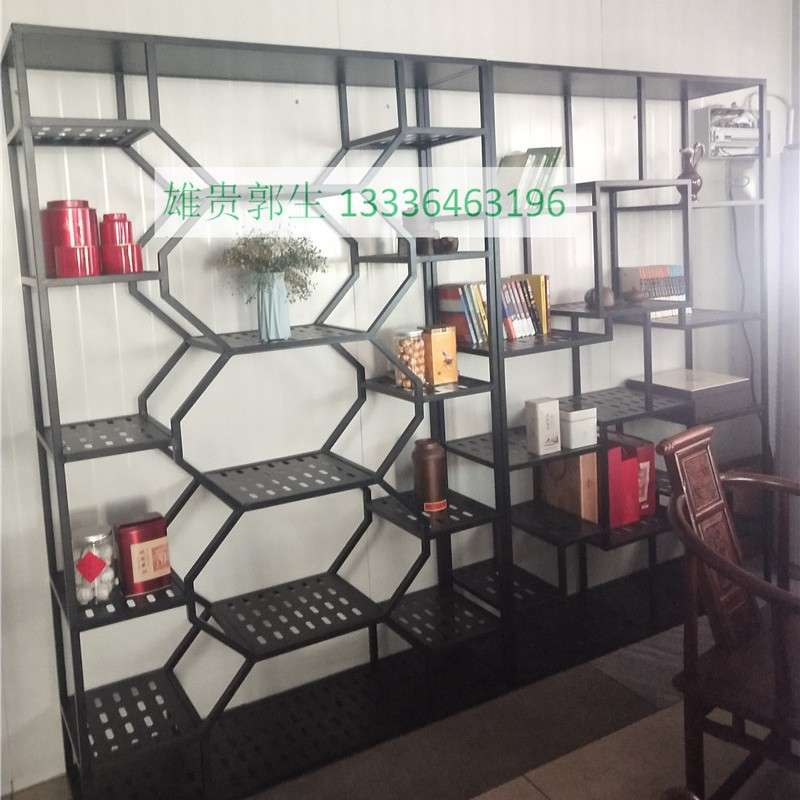 美式实木铁艺屏风隔断复古书架工业风玄关LOFT置物架储物柜展示架