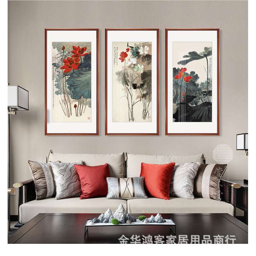 新中式国画古典玄关装饰画竖版走廊过道挂画张大千齐白石金线荷花