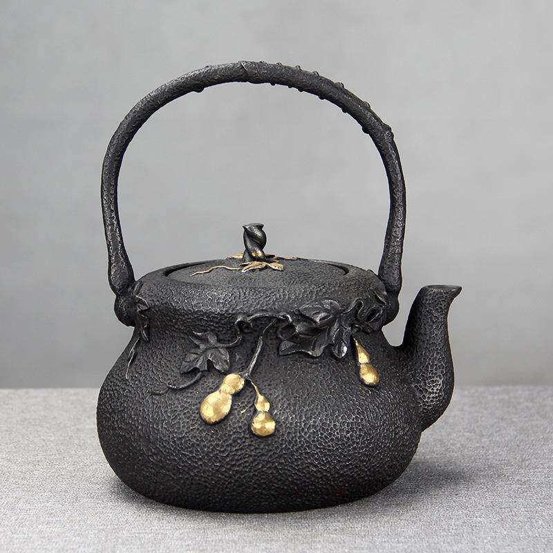 厂家茶具金葫芦中国风铸铁壶无涂层手工鎏金养生铁壶茶壶铁瓶