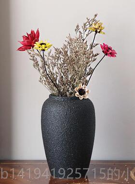 正品德镇陶瓷黑色落地粗陶花瓶现代简手约干花客复厅插花摆件工古