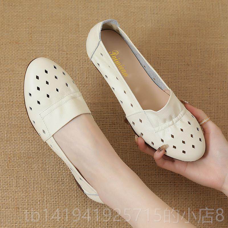 正品春夏真豆皮妈妈中舒适防鞋滑女式单鞋女软底豆鞋红色老年平底