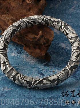 正品采购产品浮雕银银手镯，银手镯，鲜花盛，财富牡丹花手镯，古