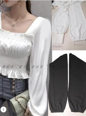 女式假BLA袖夏雪纺白n色Ralag遮阳长袖可缝制宽松灯笼春袖黑色水