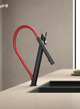 摩狮黑红色抽拉厨房龙头洗菜盆洗碗池水龙头水槽全铜万向旋转龙头