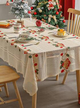 美式圣诞桌布装饰红色台布亚马逊涤纶蕾丝茶几餐桌垫高级感餐桌布