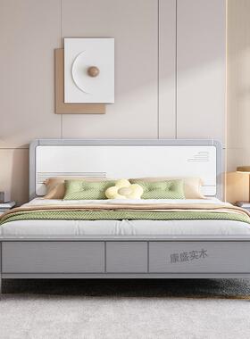 实木床美式轻奢灰色压纹现代简约白1.8米5双人床主公床1.储物小户