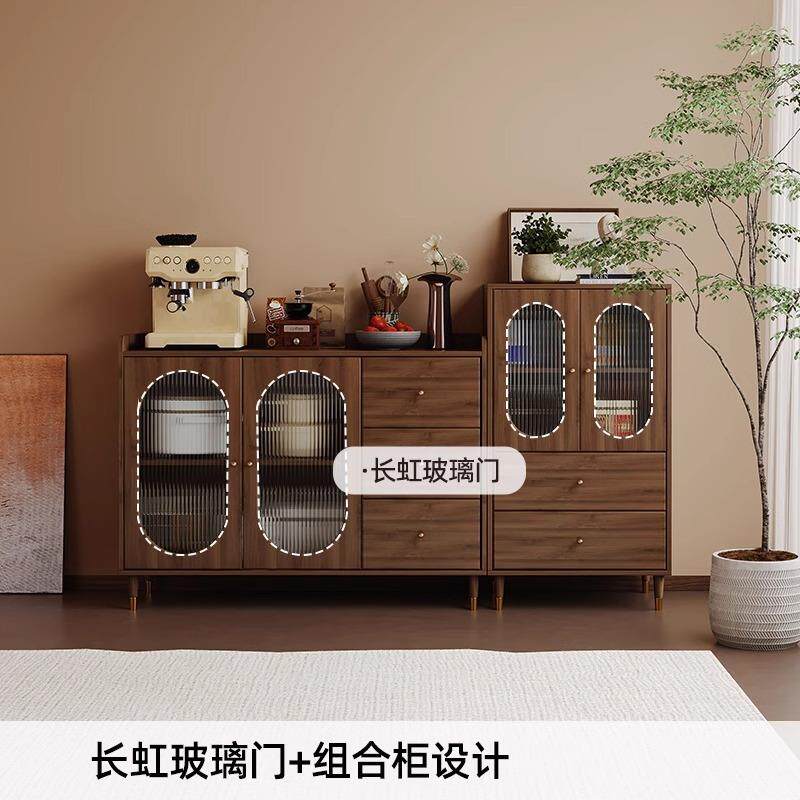 餐边柜高低组合落地靠墙立柜中古客厅玄关置物柜胡桃色收纳储物柜