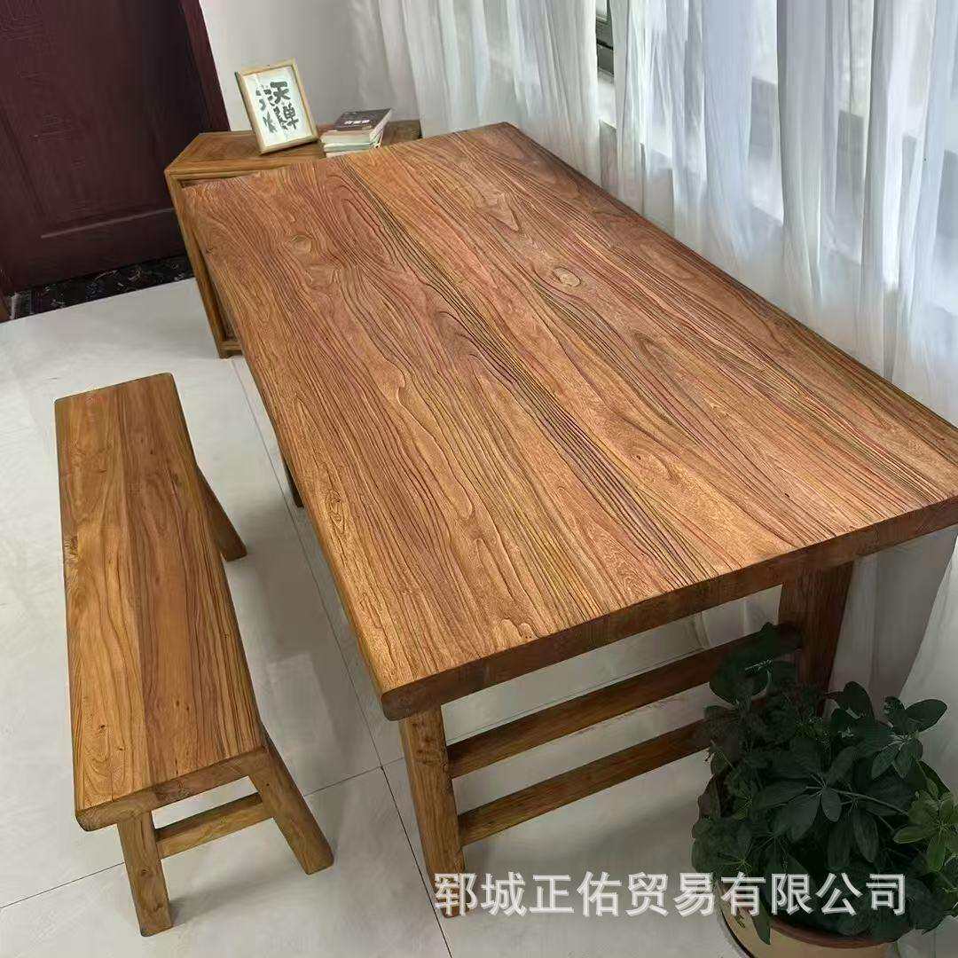 北方老榆木茶桌简约复古长条桌中式原木民宿餐桌实木办公室电脑桌