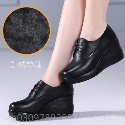 高档厚赤真灵软牛皮坡头跟休闲单鞋底摇摇底皮女鞋深口防滑圆绒里