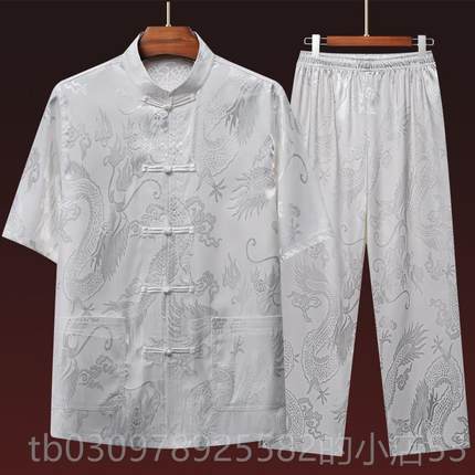 高档唐装男冰丝短袖套装中老年男装件套太极两服中爸爸装夏装风国