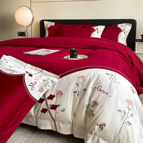 高档长绒棉结婚四件套大红色床单被套纯棉新婚庆床上用品婚房喜被