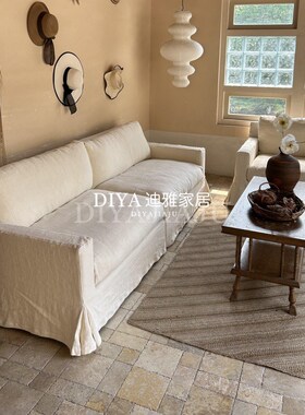 日式侘寂风沙发白色双人三人位布艺可拆洗亚麻羽绒民宿小户型客厅