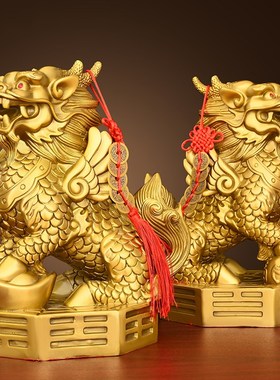 黄铜八卦麒麟摆件一对公母招财纳福家用客厅办公室卧室店铺装饰品