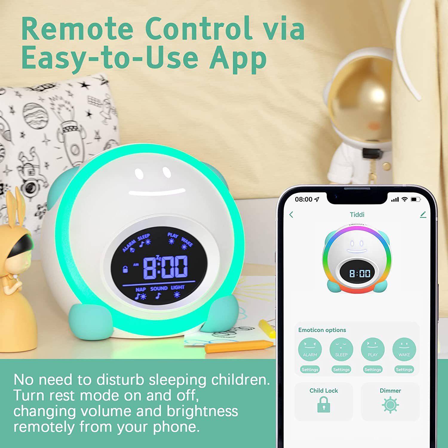 智能儿童闹钟APP控制Alexa语音控制儿童夜灯睡眠闹钟白噪音闹钟