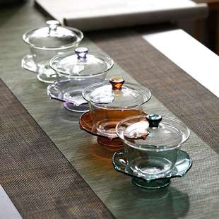 新款彩色盖碗 高硼硅玻璃泡茶器冲茶杯耐高温玻璃荷花三才杯