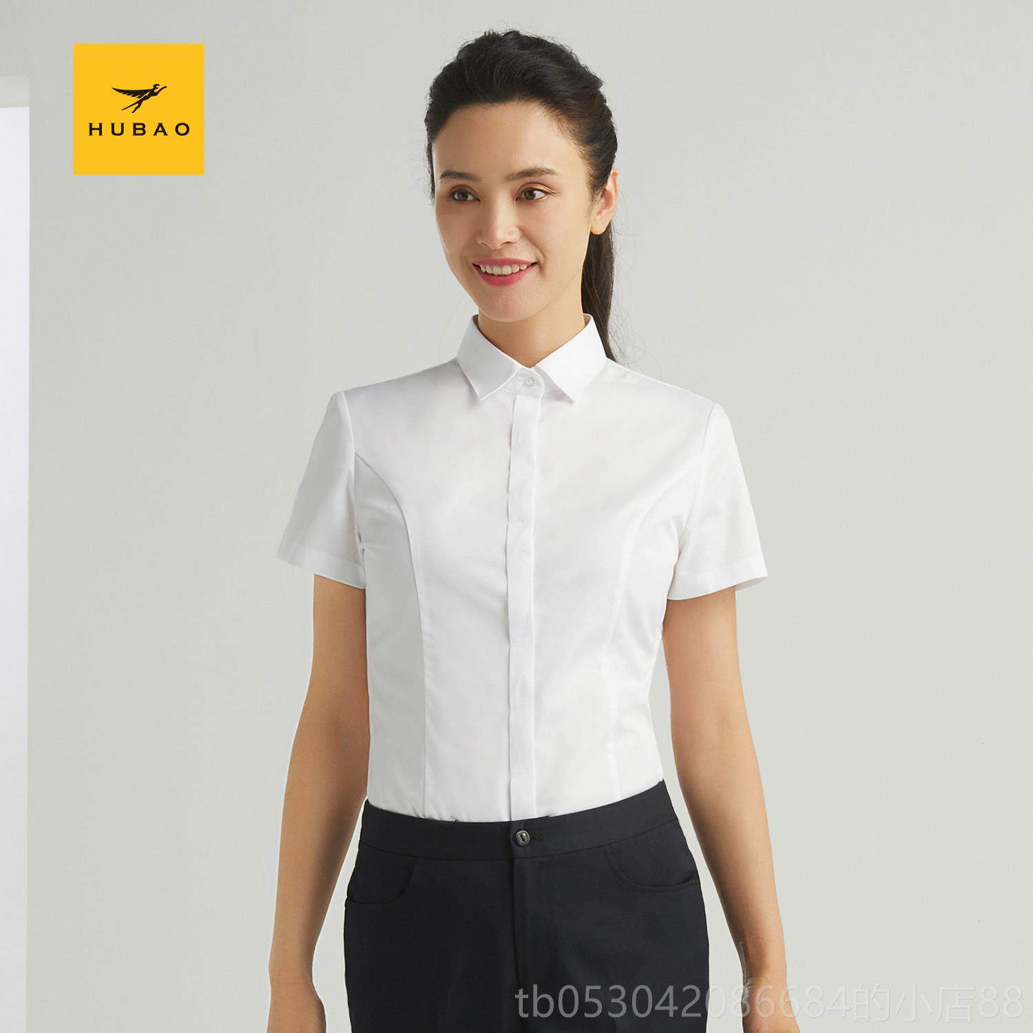 正品虎豹夏正季女士短袖商务通勤白衬衫业职装装衬衣蓝色工作服